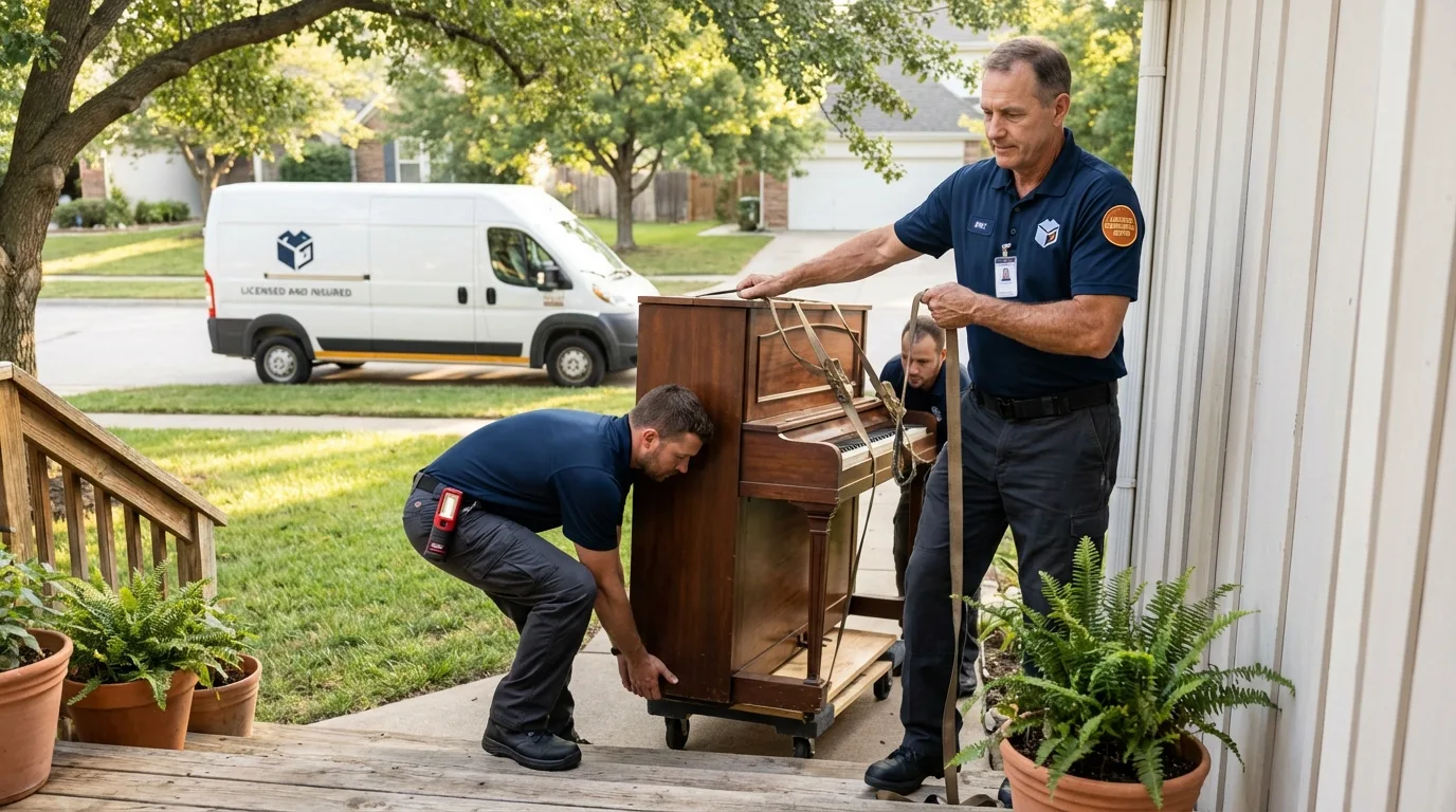 Licensed piano movers securing grand piano in Abilene, KS