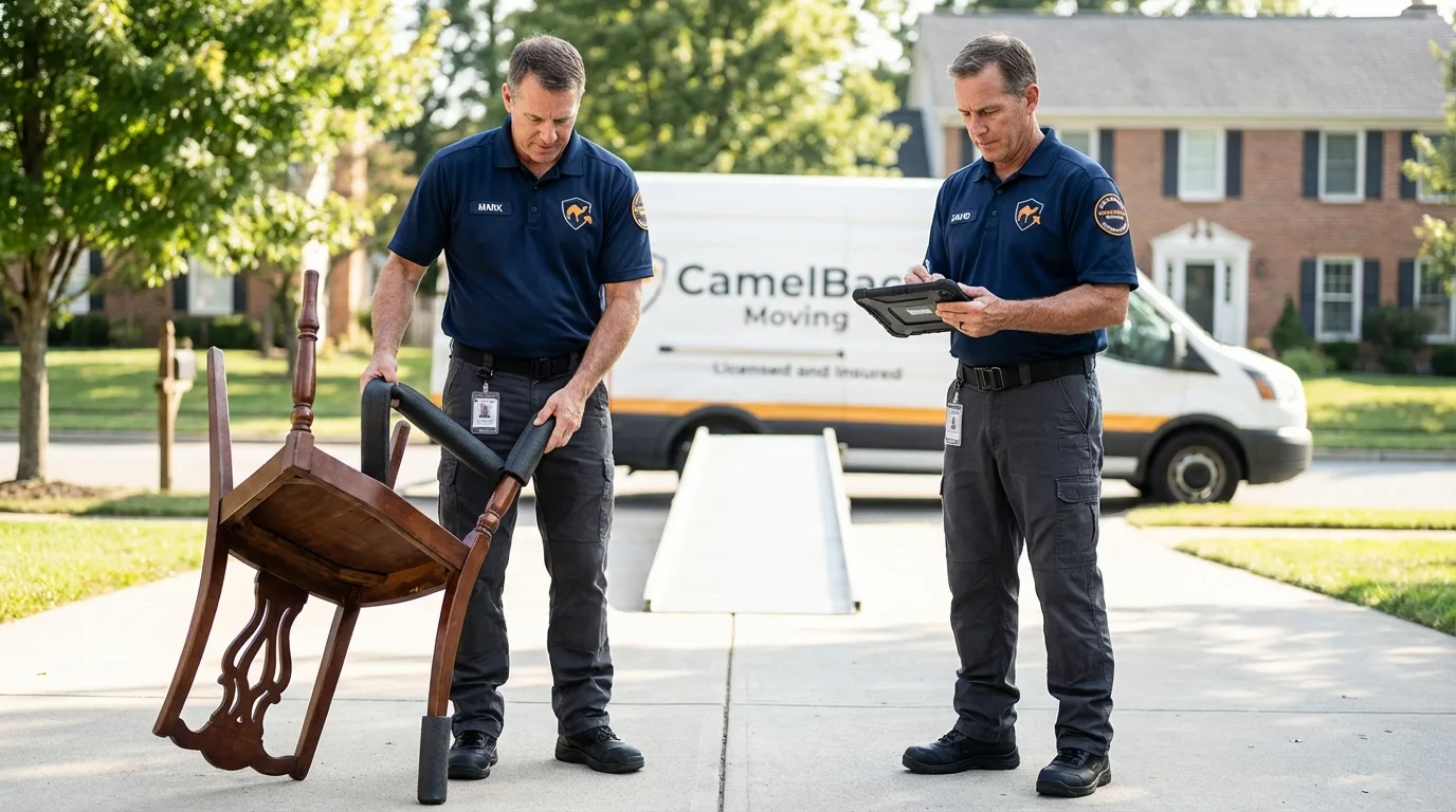 Movers inspecting furniture for damage prevention before loading in Abilene, KS
