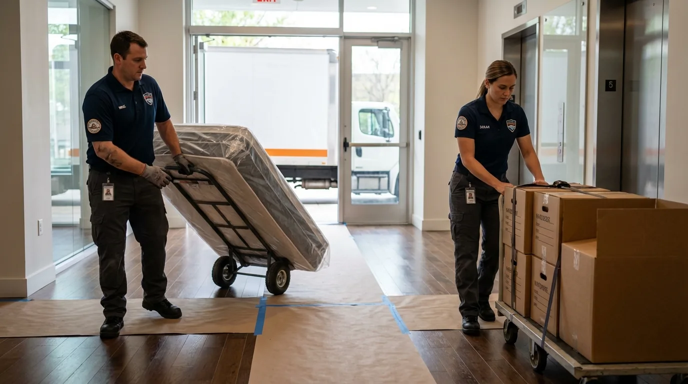 Professional apartment movers loading elevator in Abilene, KS